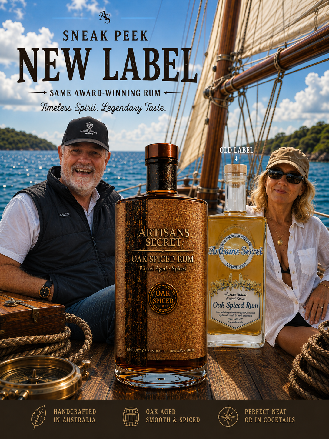 Promoting new look labels for Artisans Secret Distillery's dark spiced rum. A couple sitting on a sailing boat with their bottles of rum in the foreground.